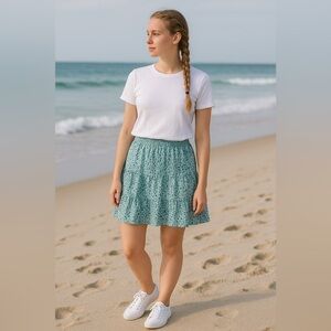 LOFT Floral Ruffle Mini Skirt S | Metallic Accents Lined Pull-On Summer Beach